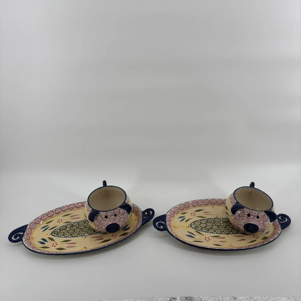 Temp-tations Old‎ World Pig Soup and Sandwich Set 4pc Blue Floral Ceramic